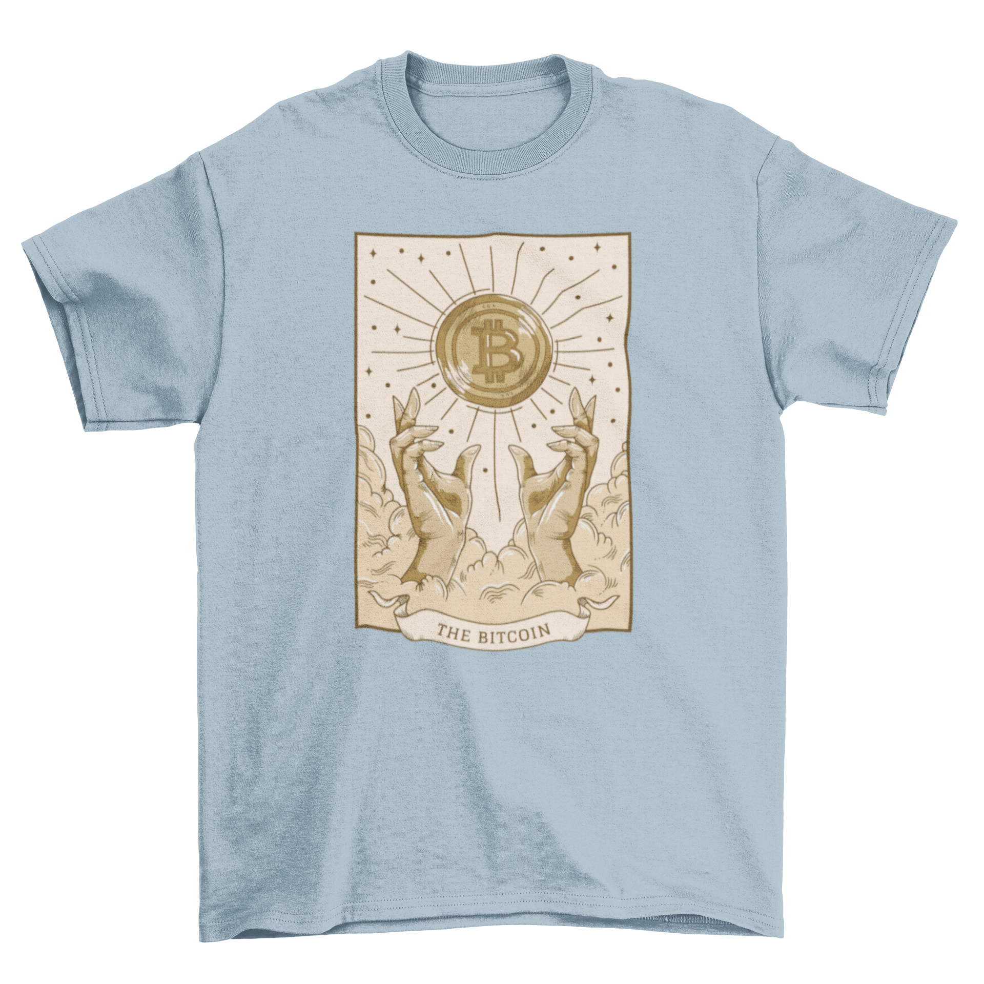 A stylish t-shirt featuring a tarot card design with two hands reaching for the Bitcoin symbol, perfect for crypto enthusiasts.