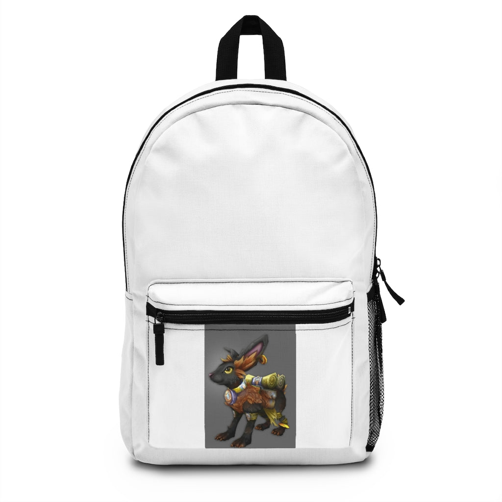 Black Amara Backpack made from durable spun polyester, featuring adjustable straps and a custom name tag, perfect for everyday use.