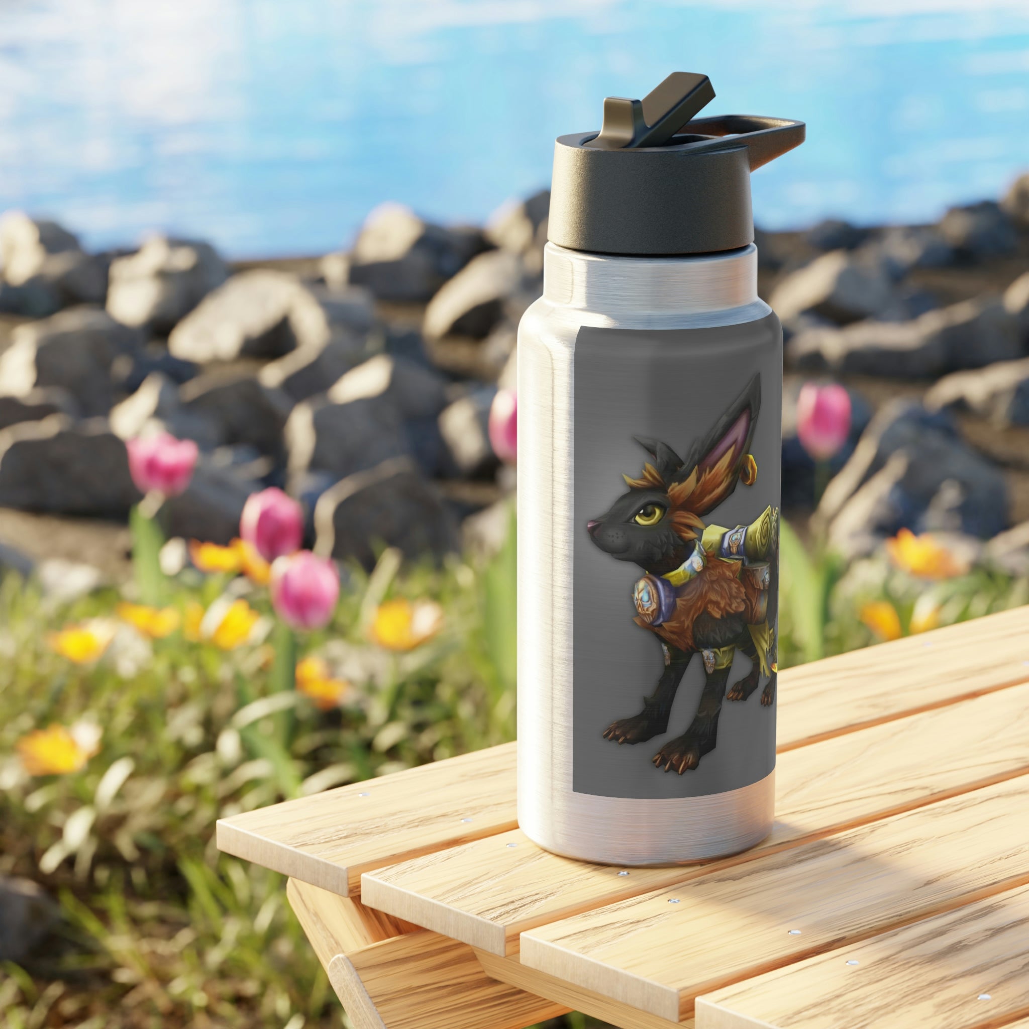 Black Amara Gator Tumbler, 32oz, stainless steel with a black plastic cap and straw, showcasing a sleek design.