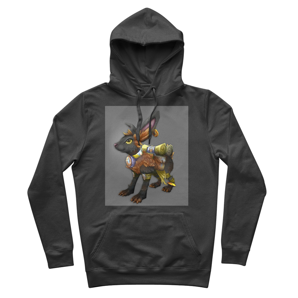 Black Amara Premium Adult Hoodie featuring adjustable lined hood and kangaroo pocket, made from soft brushed fleece fabric.