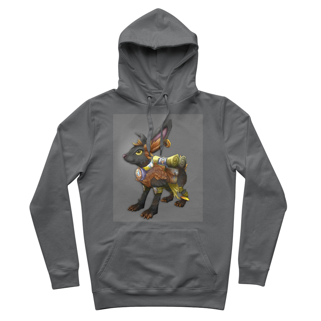 Black Amara Premium Adult Hoodie featuring adjustable lined hood and kangaroo pocket, made from soft brushed fleece fabric.