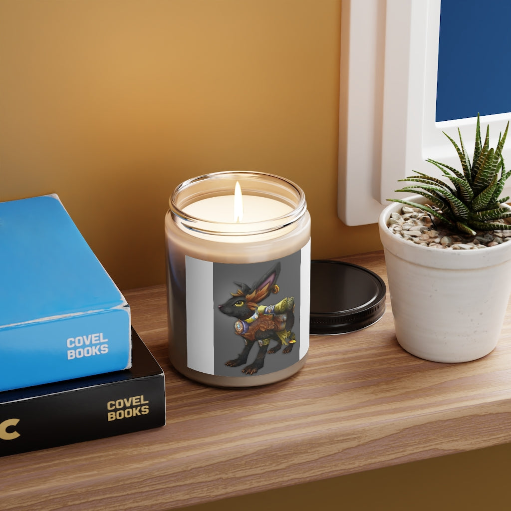 Black Amara Scented Candle in a glass container, featuring a permanent adhesive label, showcasing its vegan soy coconut wax composition.