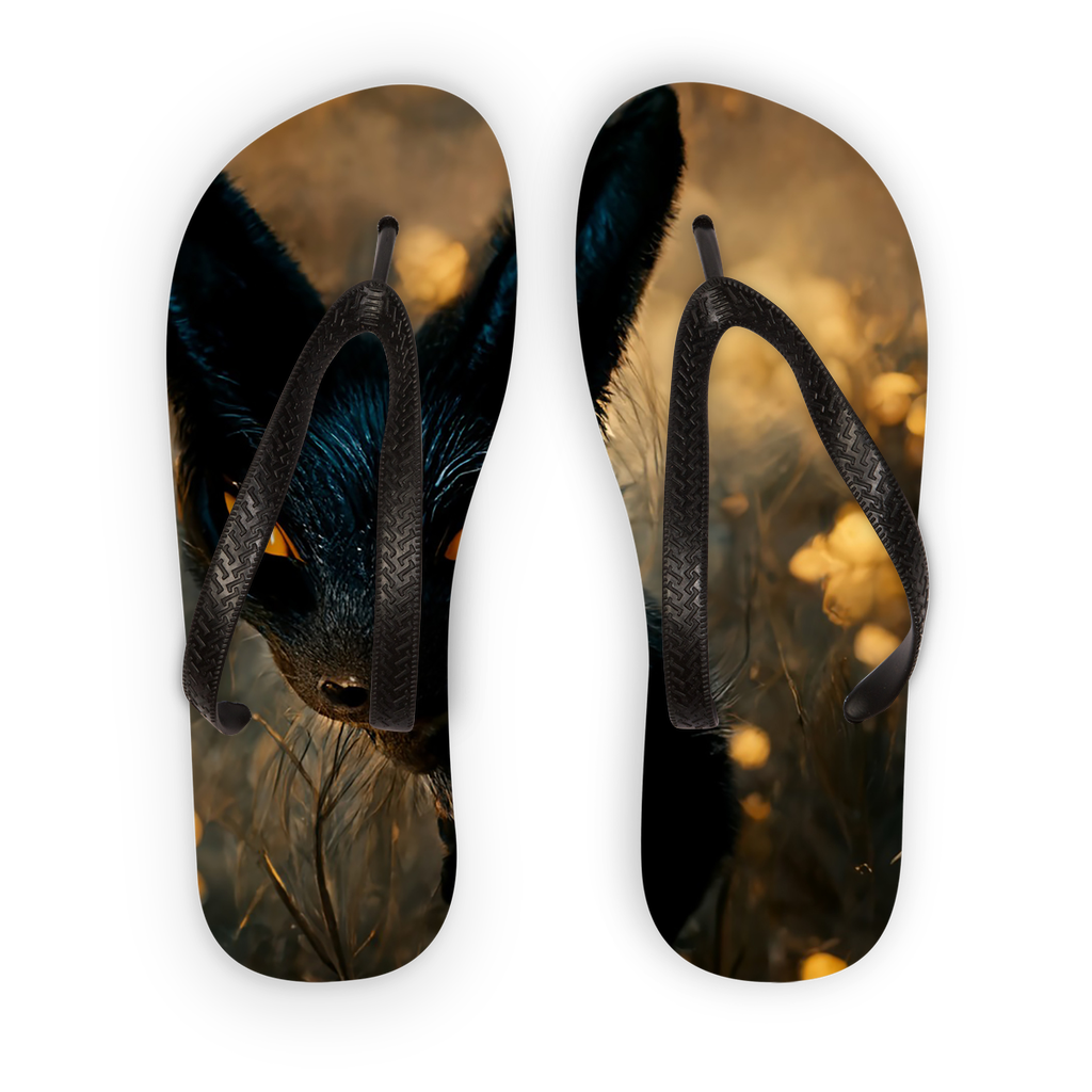 Black and orange kitty cat adult flip flops with soft straps and printed fabric design, perfect for summer wear.