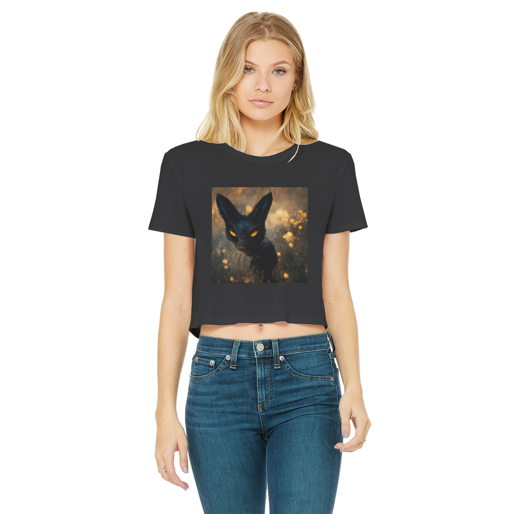 Black and orange cropped t-shirt featuring a kitty cat design, showcasing a raw edge hem and short sleeves, perfect for casual wear.