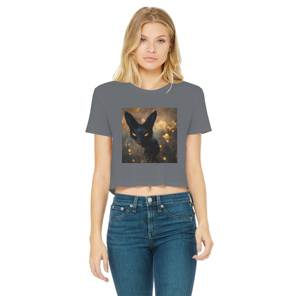 Black and orange cropped t-shirt featuring a kitty cat design, showcasing a raw edge hem and short sleeves, perfect for casual wear.