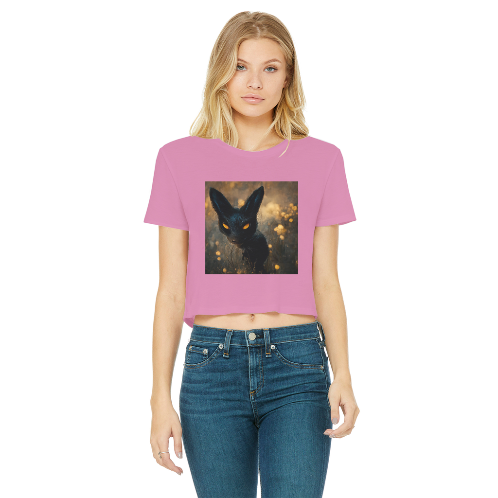 Black and orange cropped t-shirt featuring a kitty cat design, showcasing a raw edge hem and short sleeves, perfect for casual wear.