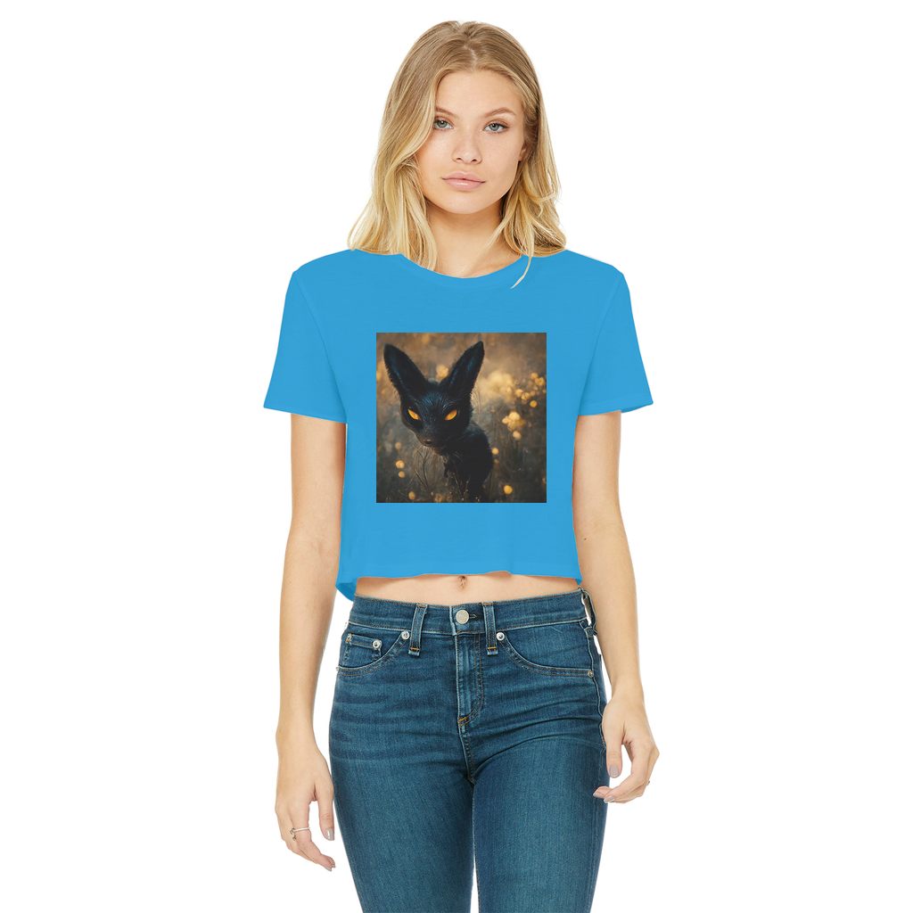 Black and orange cropped t-shirt featuring a kitty cat design, showcasing a raw edge hem and short sleeves, perfect for casual wear.