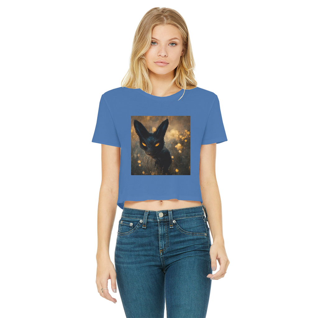 Black and orange cropped t-shirt featuring a kitty cat design, showcasing a raw edge hem and short sleeves, perfect for casual wear.