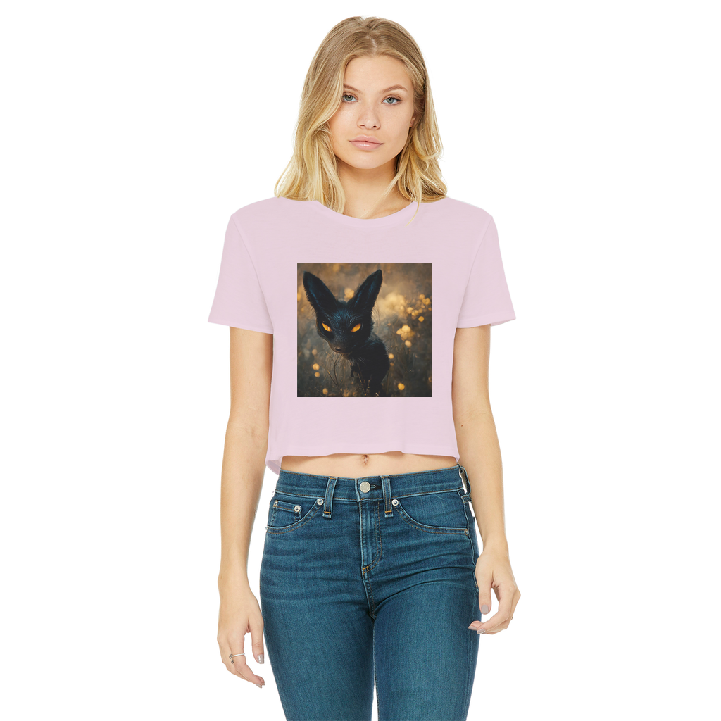 Black and orange cropped t-shirt featuring a kitty cat design, showcasing a raw edge hem and short sleeves, perfect for casual wear.