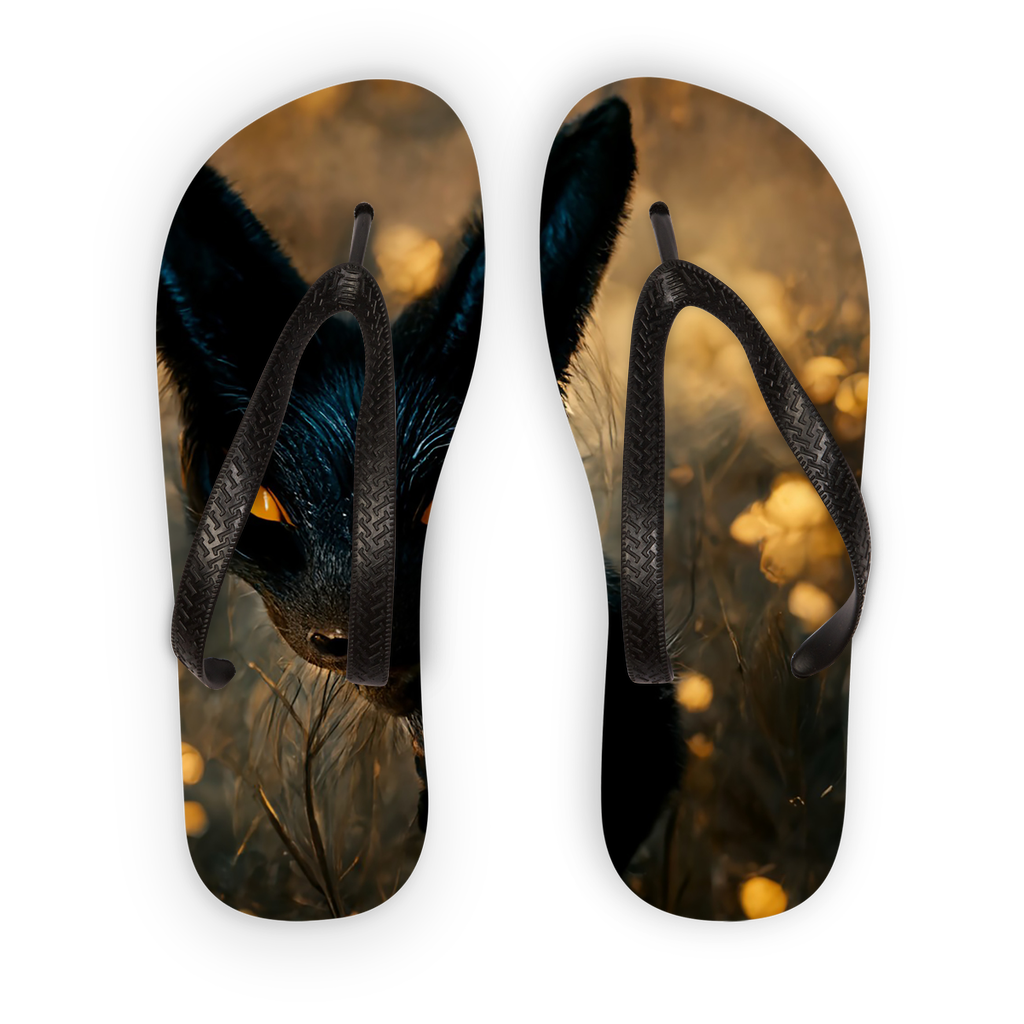 Black and orange kitty cat kids flip flops with soft straps and colorful print, perfect for summer fun.