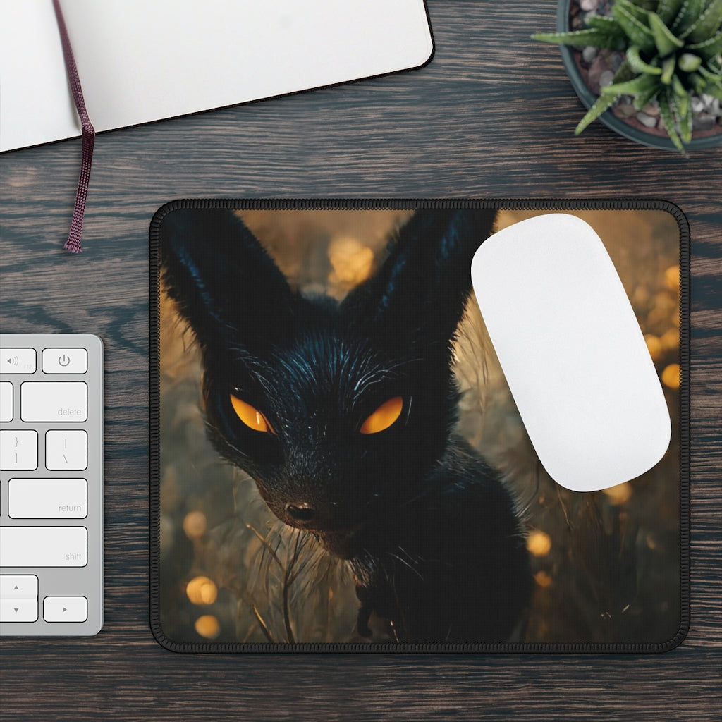 Black and orange kitty themed gaming mouse pad with stitched edges and smooth surface, perfect for gaming and office use.