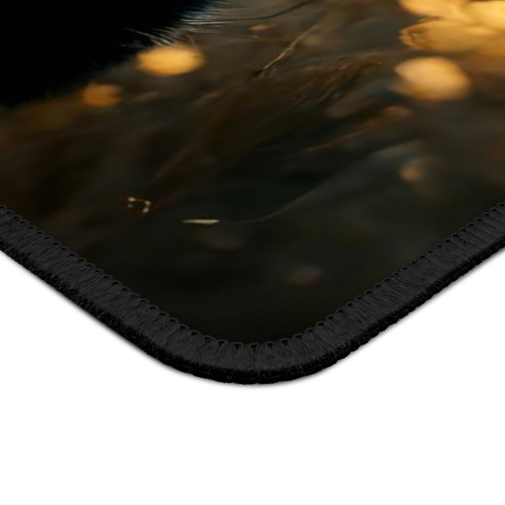 Black and orange kitty themed gaming mouse pad with stitched edges and smooth surface, perfect for gaming and office use.