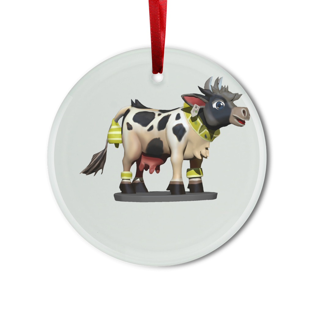 Black and white cow glass hanging ornament with red ribbon and gold string, perfect for Christmas decoration.