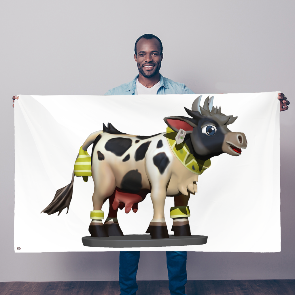 Black and White Cow Sublimation Flag, 5FT X 3FT, made of durable polyester fabric with double stitched edges and eyelets for easy hanging.