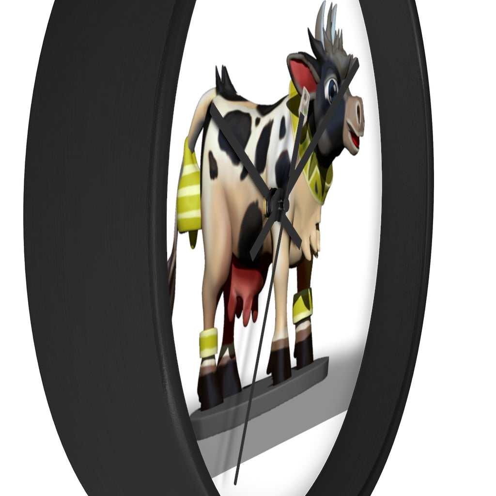 A stylish Black and White Cow Wall Clock featuring a wooden frame and plexiglass face, perfect for home decor.