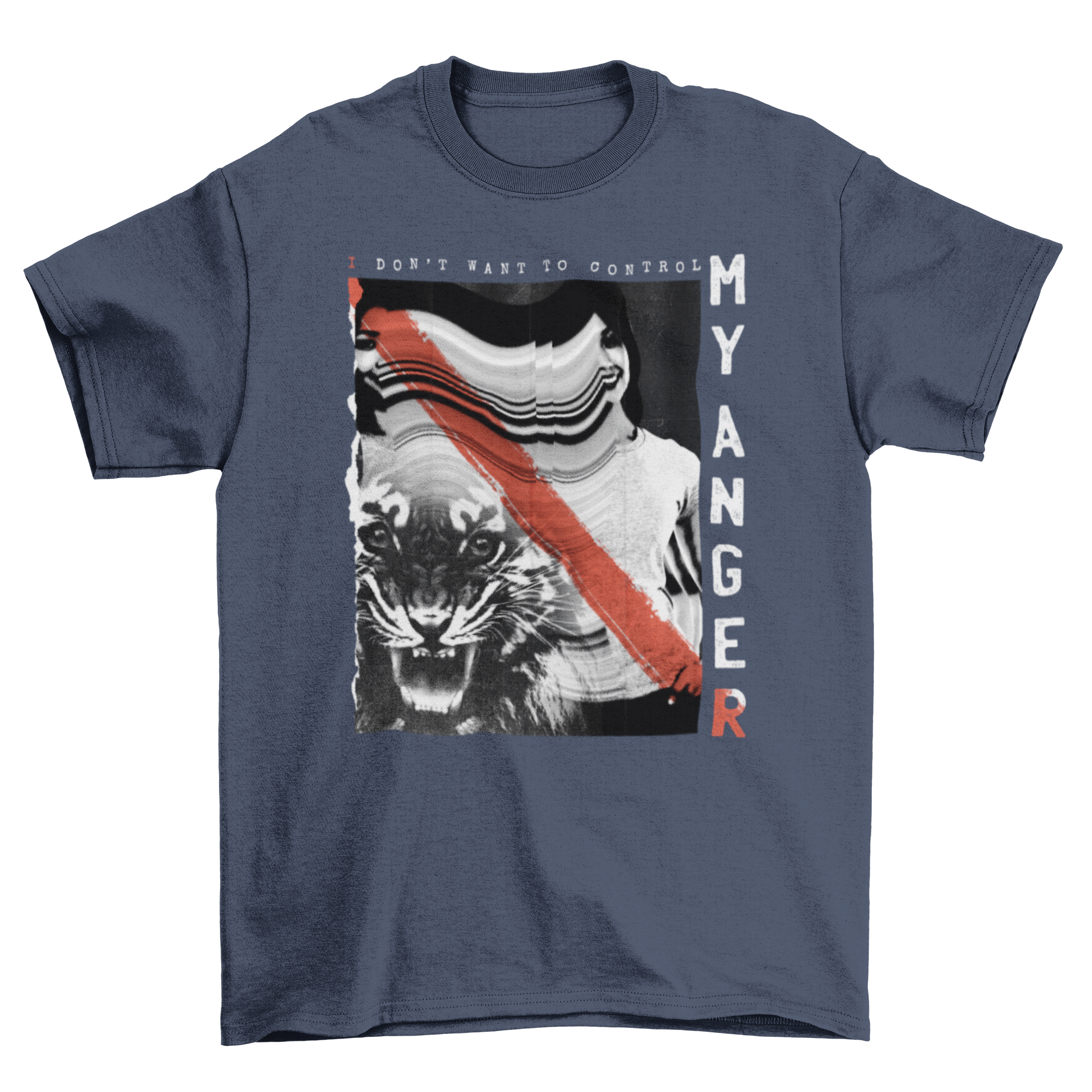 Black and white t-shirt featuring a fierce tiger and a girl with the quote 'I don't want to control my anger'.