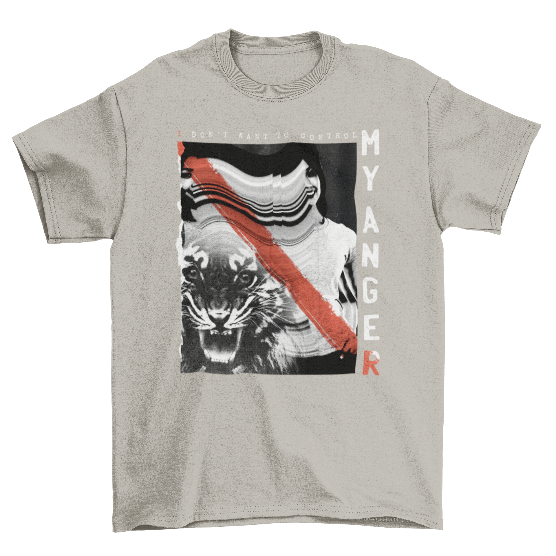 Black and white t-shirt featuring a fierce tiger and a girl with the quote 'I don't want to control my anger'.