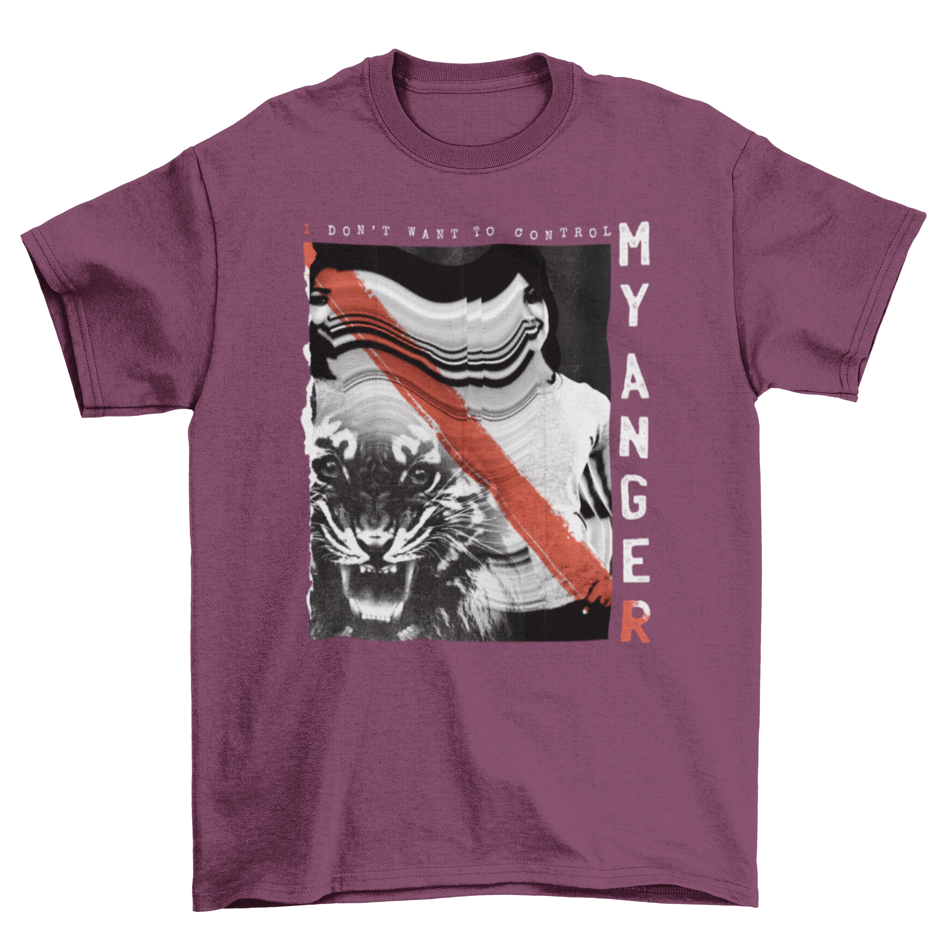 Black and white t-shirt featuring a fierce tiger and a girl with the quote 'I don't want to control my anger'.