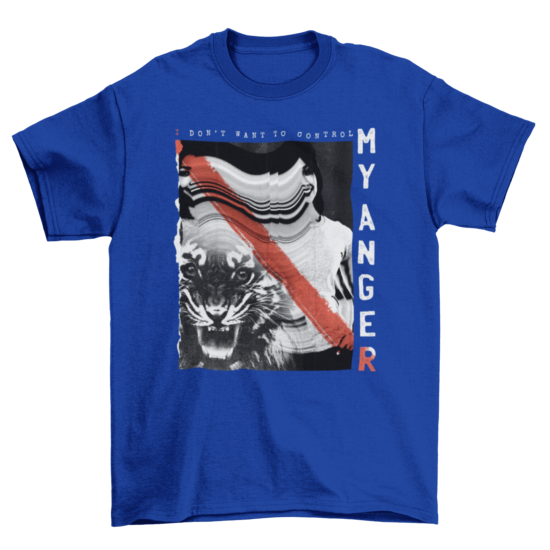 Black and white t-shirt featuring a fierce tiger and a girl with the quote 'I don't want to control my anger'.