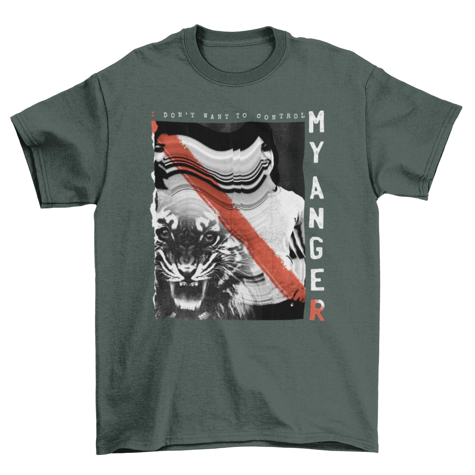 Black and white t-shirt featuring a fierce tiger and a girl with the quote 'I don't want to control my anger'.