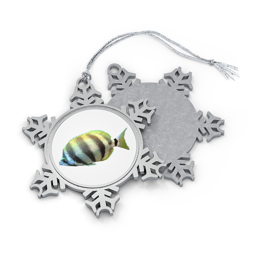 Black and White Fish Pewter Snowflake Ornament with silver-toned hanging string, showcasing intricate snowflake design.