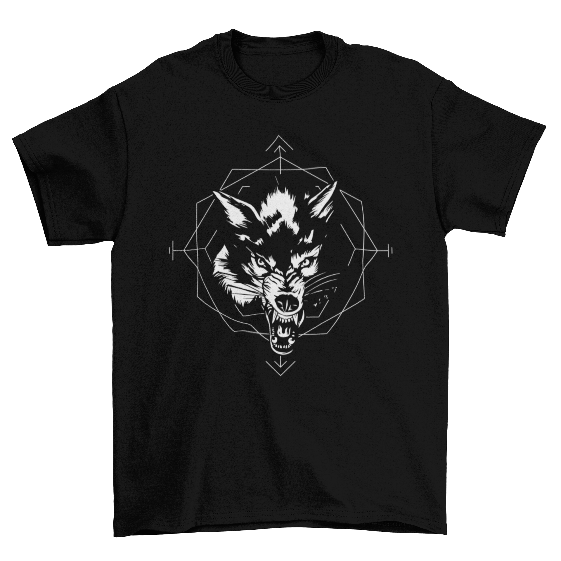A stylish black and white t-shirt featuring a detailed illustration of a wolf, perfect for animal lovers.
