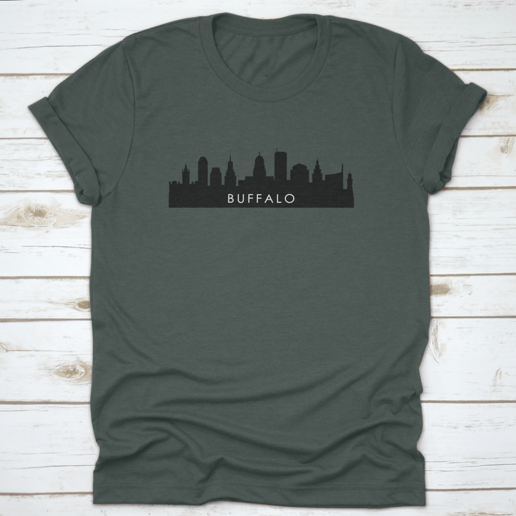 Black Buffalo City Skyline Silhouette design vector illustration on a stylish t-shirt, showcasing the iconic skyline in a modern and artistic way.