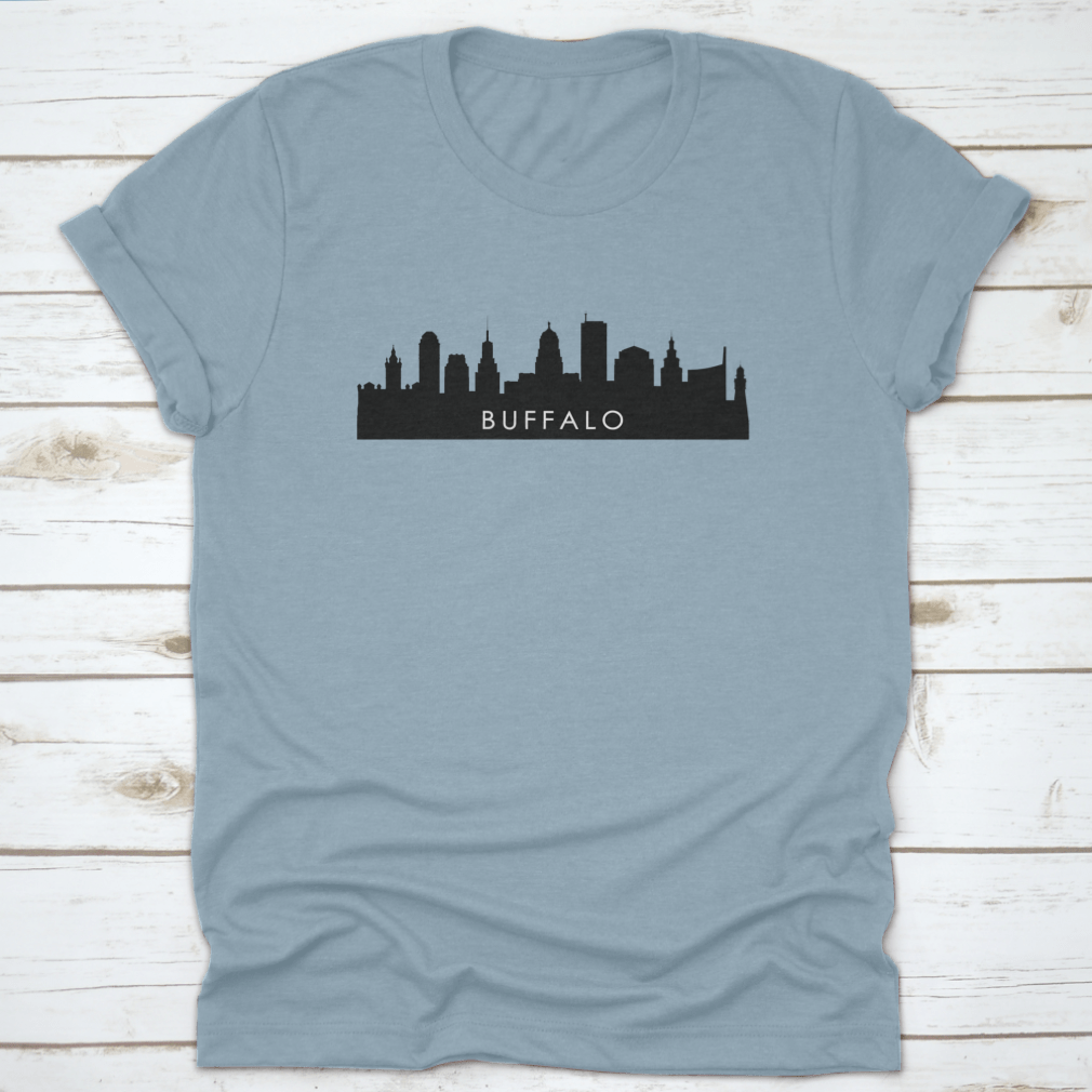 Black Buffalo City Skyline Silhouette design vector illustration on a stylish t-shirt, showcasing the iconic skyline in a modern and artistic way.
