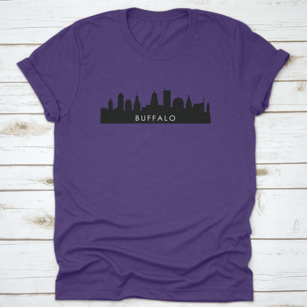 Black Buffalo City Skyline Silhouette design vector illustration on a stylish t-shirt, showcasing the iconic skyline in a modern and artistic way.