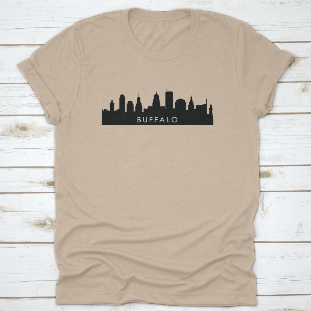 Black Buffalo City Skyline Silhouette design vector illustration on a stylish t-shirt, showcasing the iconic skyline in a modern and artistic way.