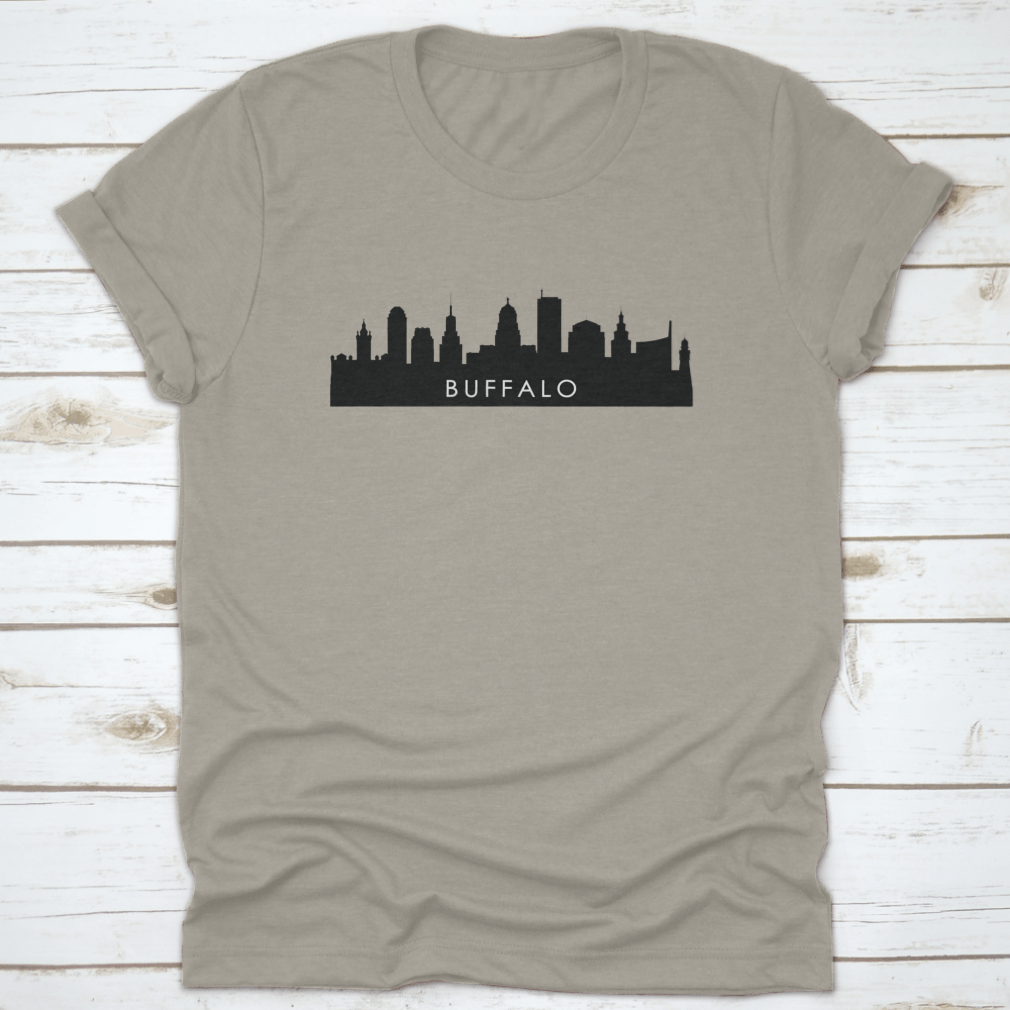 Black Buffalo City Skyline Silhouette design vector illustration on a stylish t-shirt, showcasing the iconic skyline in a modern and artistic way.