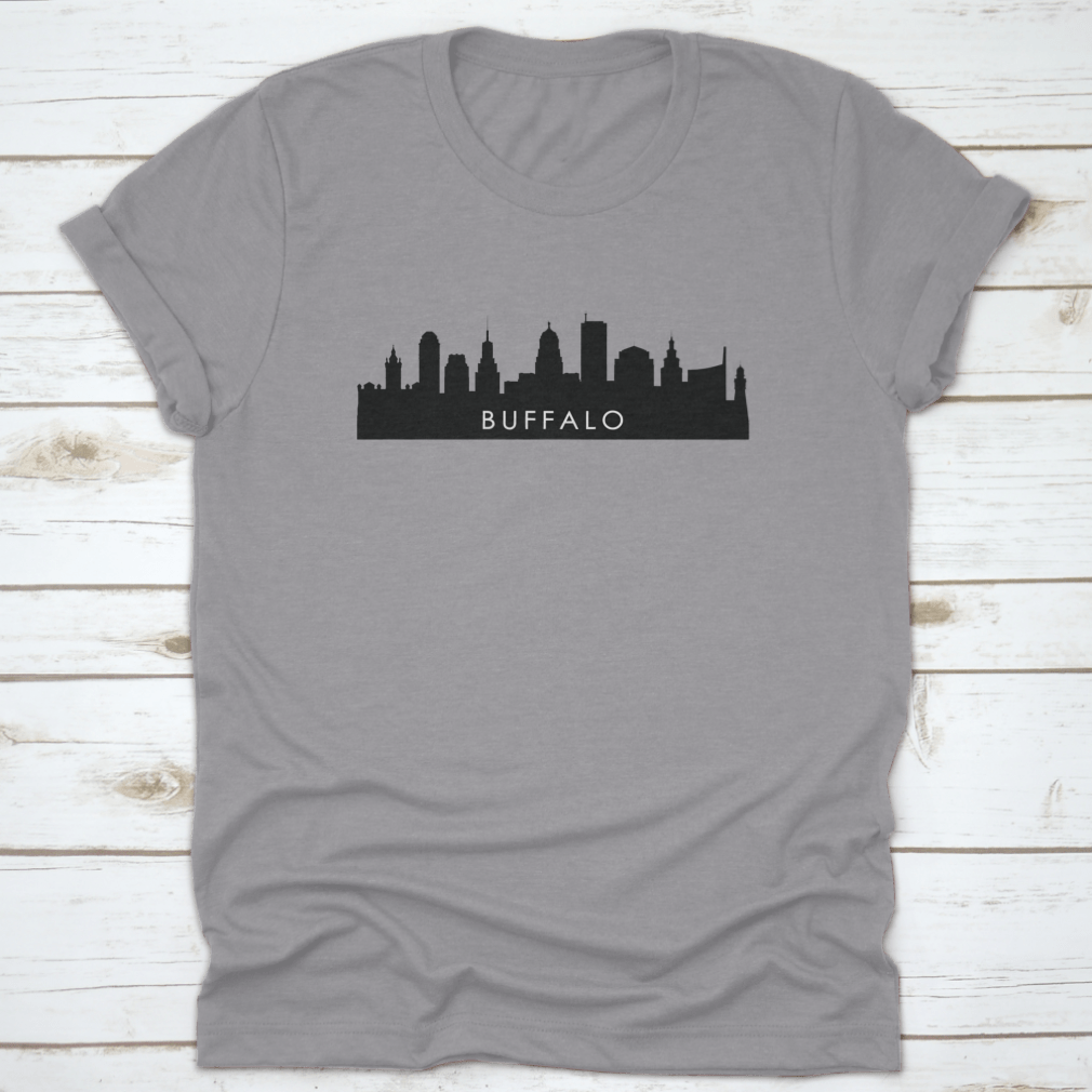 Black Buffalo City Skyline Silhouette design vector illustration on a stylish t-shirt, showcasing the iconic skyline in a modern and artistic way.