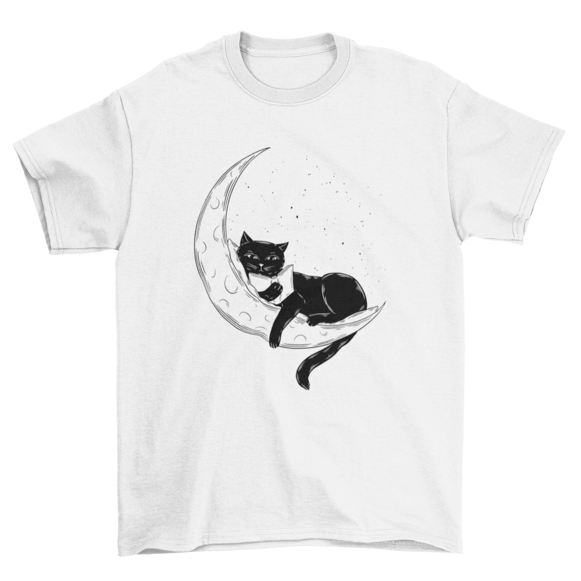 A stylish black t-shirt featuring a whimsical design of a black cat reading a book on a crescent moon.