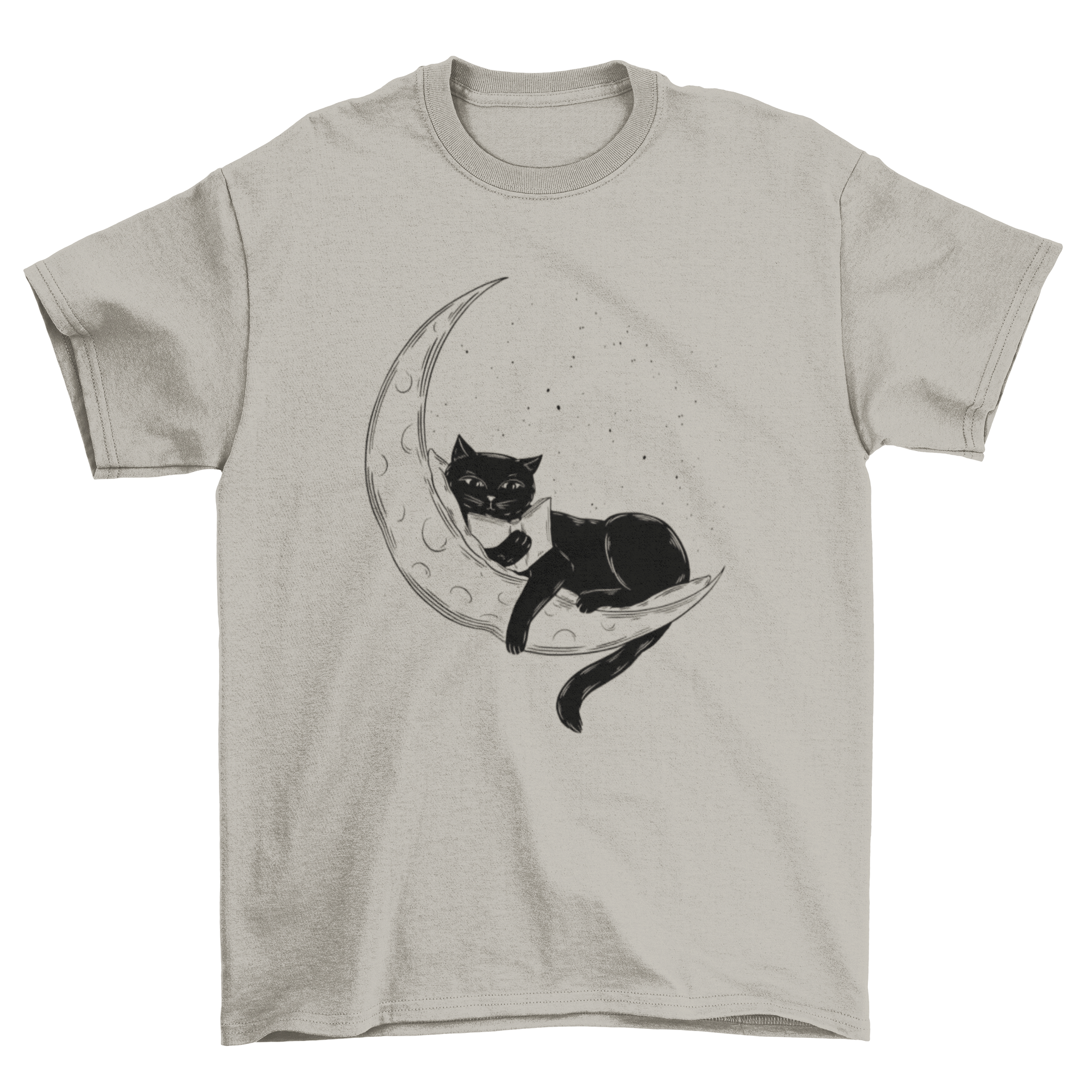 A stylish black t-shirt featuring a whimsical design of a black cat reading a book on a crescent moon.