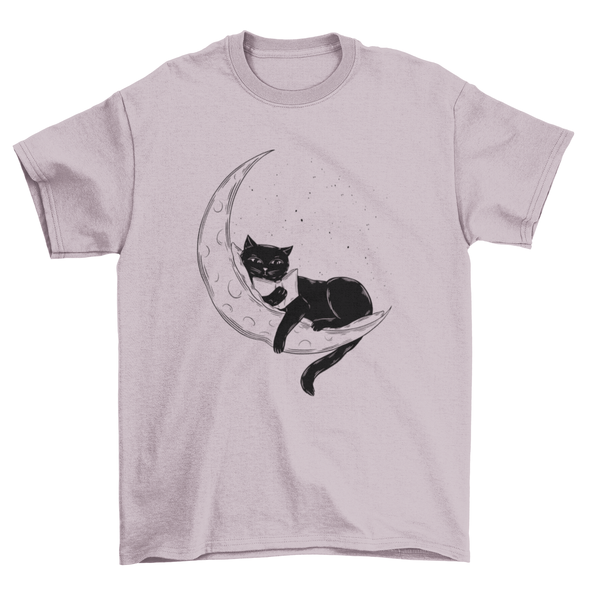 A stylish black t-shirt featuring a whimsical design of a black cat reading a book on a crescent moon.