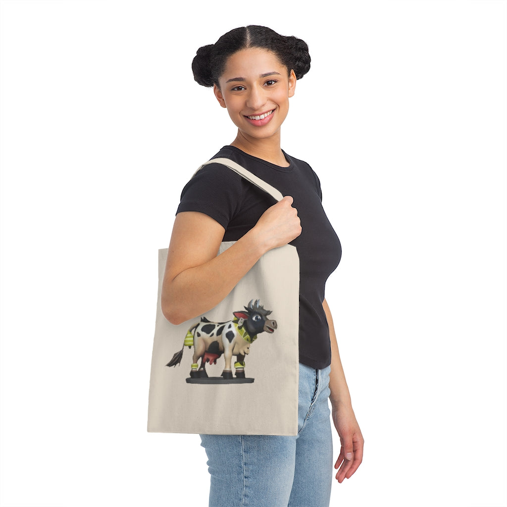 Black Cow Canvas Tote Bag made of 100% cotton sheeting, featuring reinforced handles and a spacious design for personalized use.