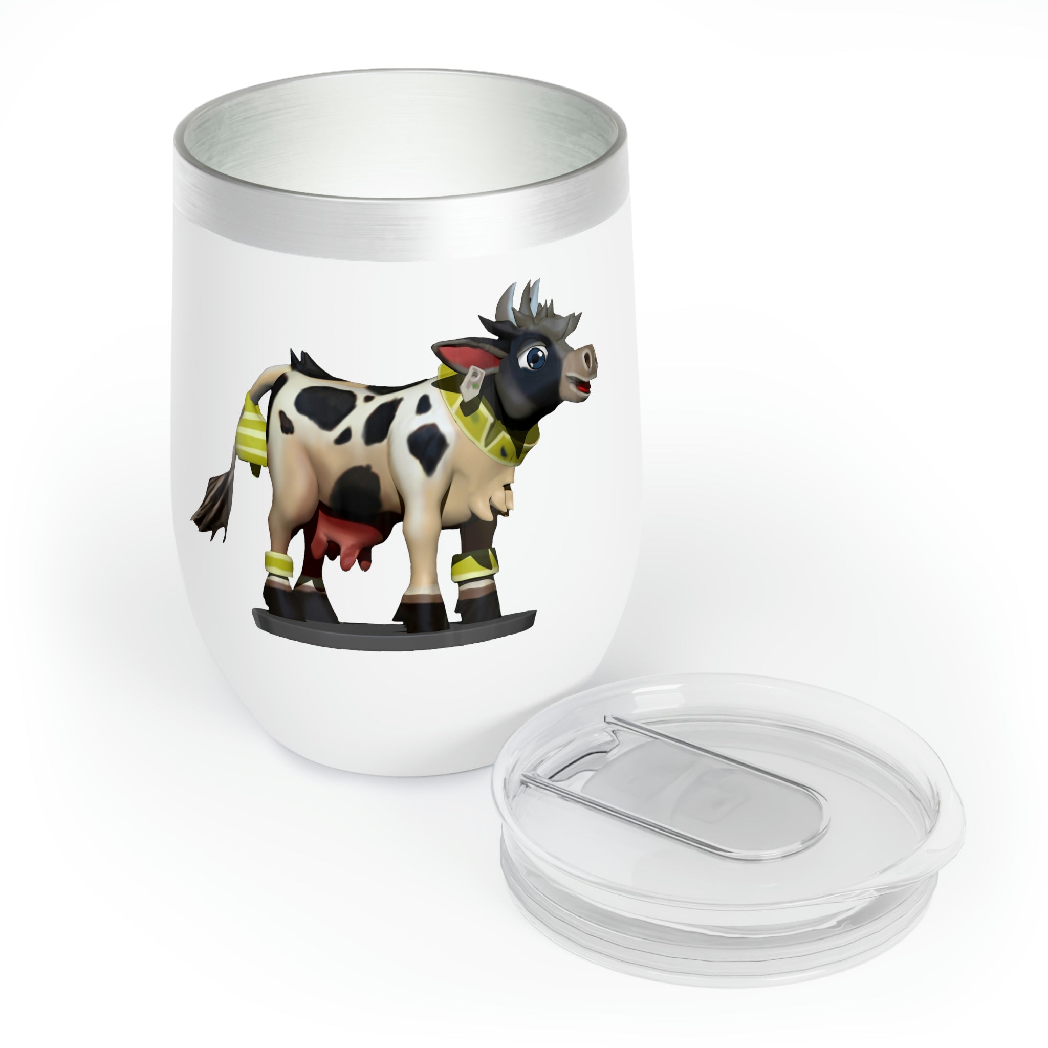 Black Cow Chill Wine Tumbler in stainless steel with double-insulated walls, showcasing a sleek and modern stemless design.