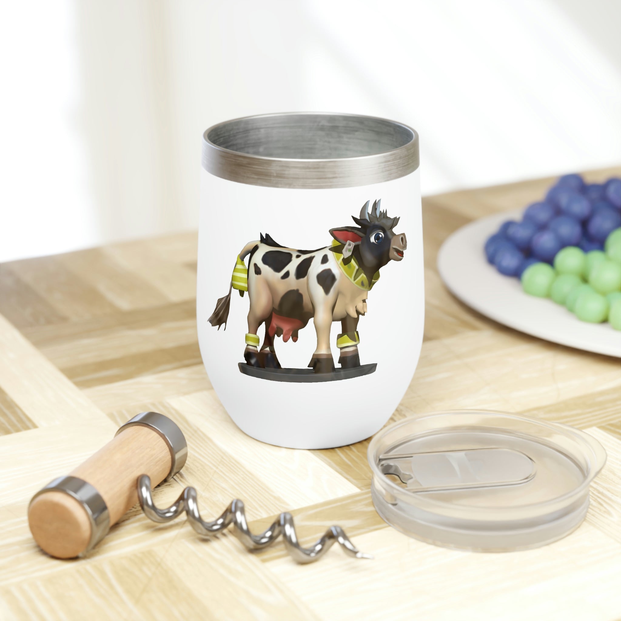 Black Cow Chill Wine Tumbler in stainless steel with double-insulated walls, showcasing a sleek and modern stemless design.