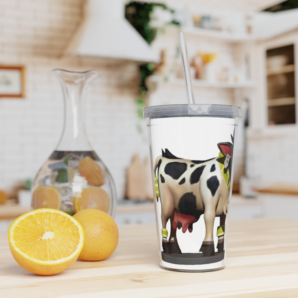 Black Cow Plastic Tumbler with Straw, featuring a sleek design and customizable insert for personalized drinks.