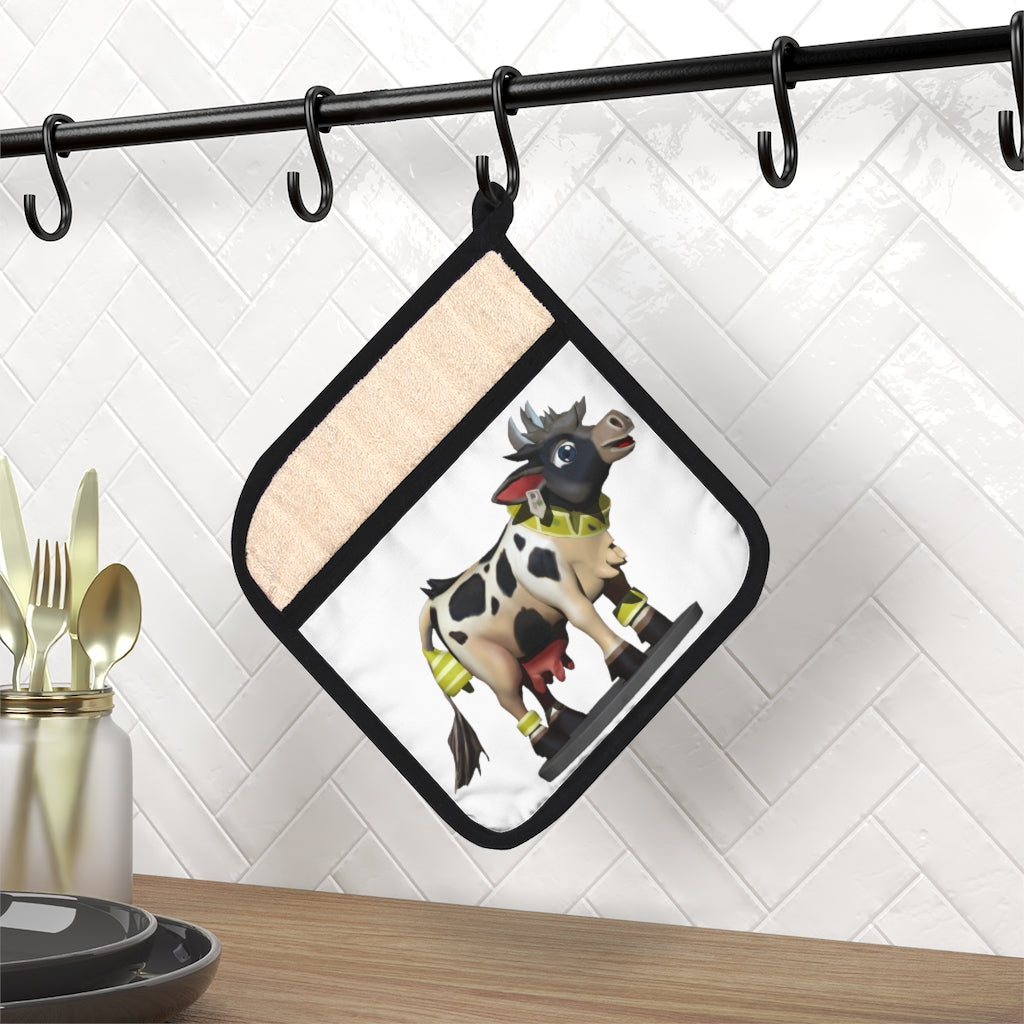 Black Cow Pot Holder with Pocket, 9x9 inches, featuring a stylish design and a convenient hanging loop.
