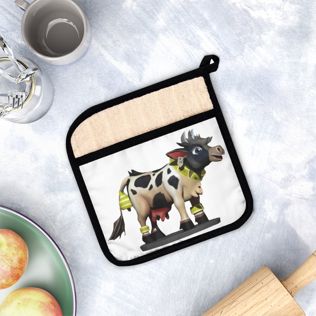 Black Cow Pot Holder with Pocket, 9x9 inches, featuring a stylish design and a convenient hanging loop.