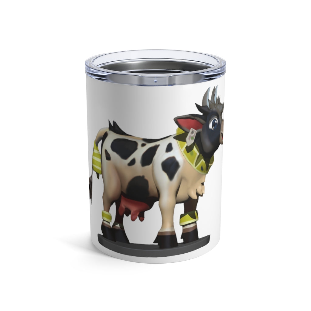 Black Cow Tumbler 10oz made of stainless steel with a see-thru plastic lid, showcasing a sleek and modern design.