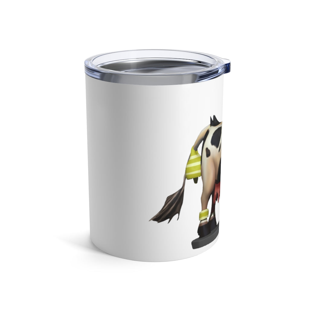 Black Cow Tumbler 10oz made of stainless steel with a see-thru plastic lid, showcasing a sleek and modern design.