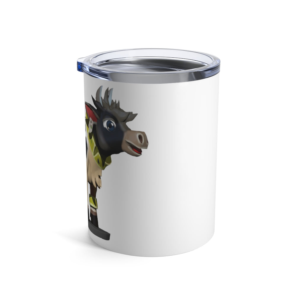 Black Cow Tumbler 10oz made of stainless steel with a see-thru plastic lid, showcasing a sleek and modern design.