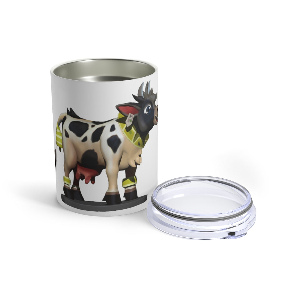 Black Cow Tumbler 10oz made of stainless steel with a see-thru plastic lid, showcasing a sleek and modern design.