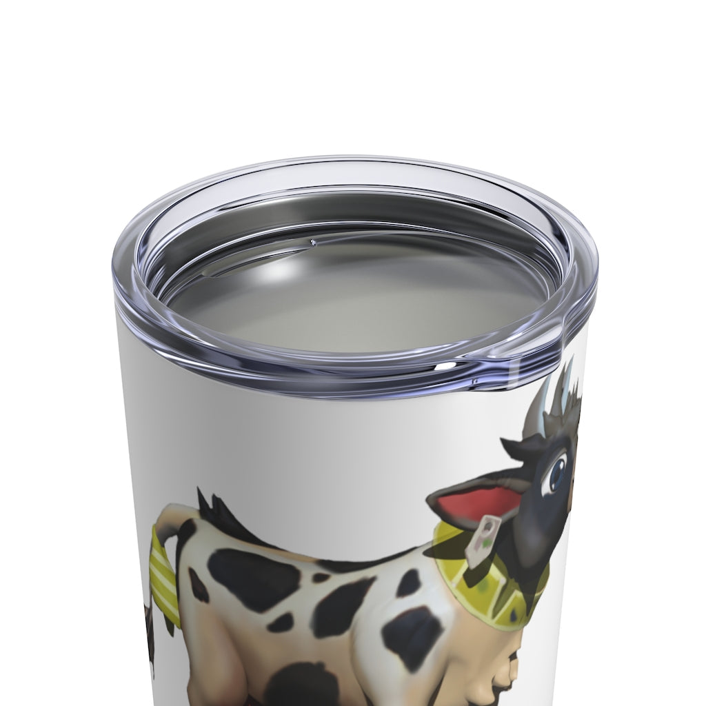 Black Cow Tumbler 10oz made of stainless steel with a see-thru plastic lid, showcasing a sleek and modern design.