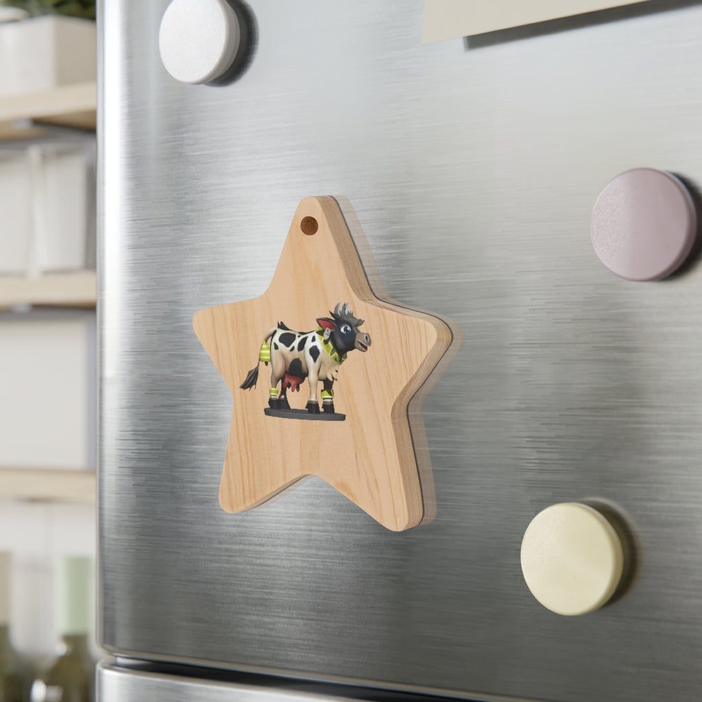 Black Cow Wooden Christmas Ornaments in various whimsical shapes, featuring a rustic wood finish and red ribbons for hanging.