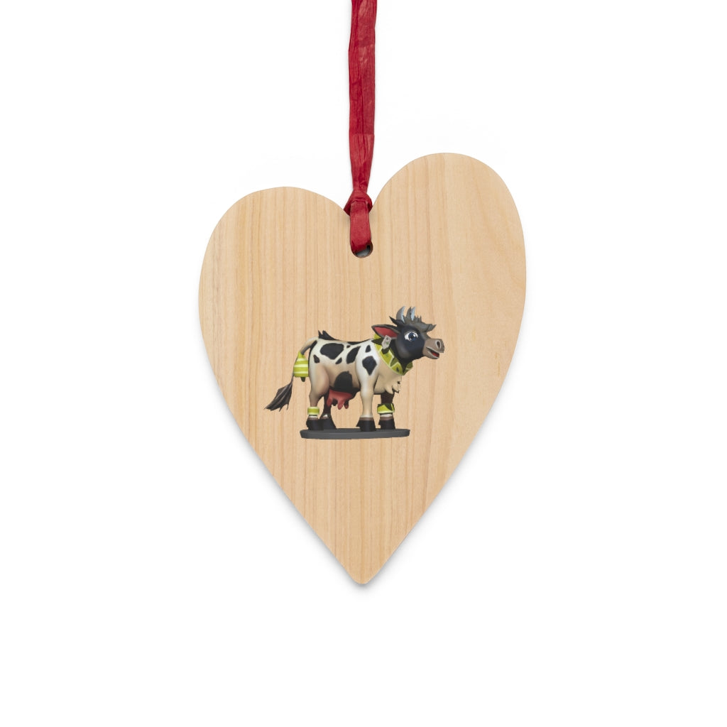 Black Cow Wooden Christmas Ornaments in various whimsical shapes, featuring a rustic wood finish and red ribbons for hanging.
