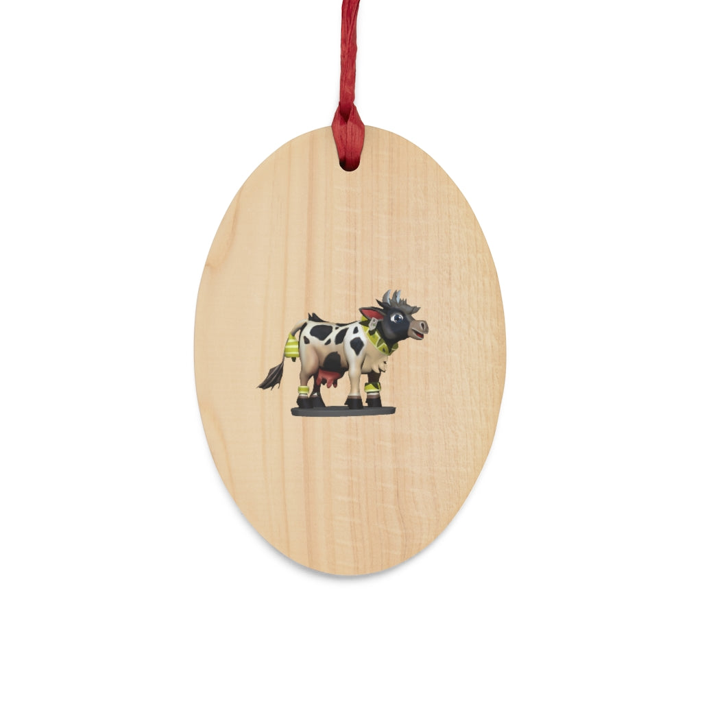 Black Cow Wooden Christmas Ornaments in various whimsical shapes, featuring a rustic wood finish and red ribbons for hanging.