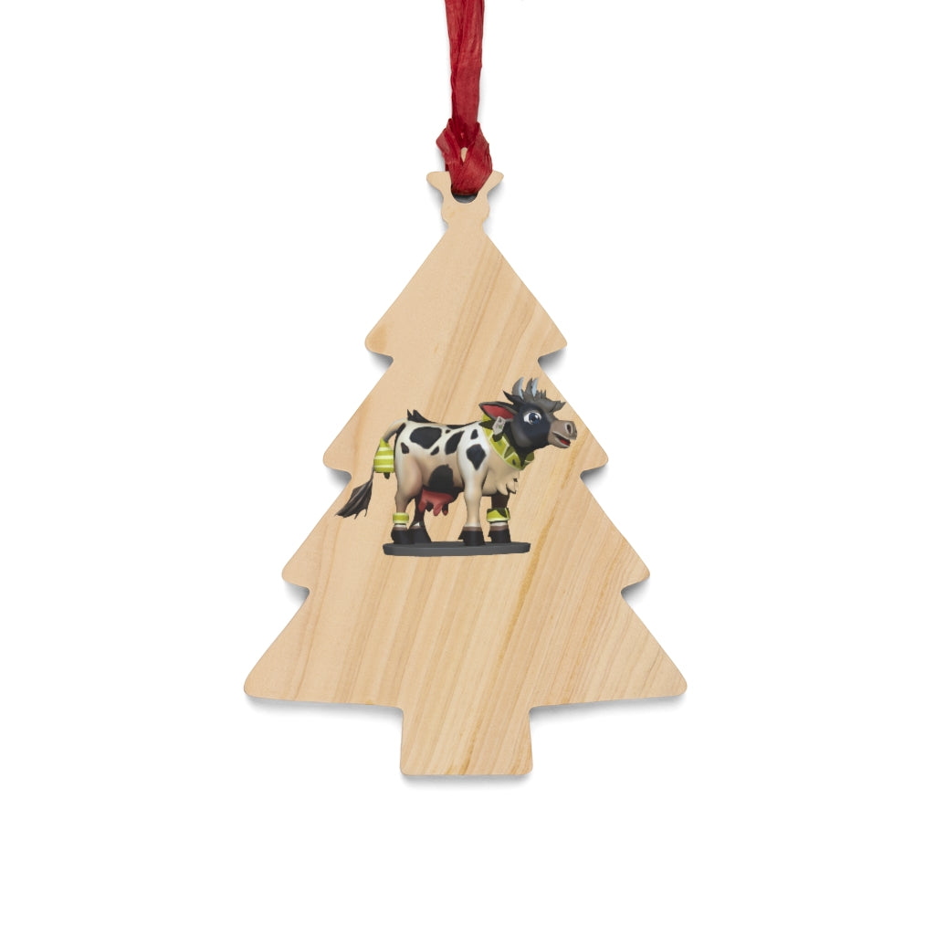 Black Cow Wooden Christmas Ornaments in various whimsical shapes, featuring a rustic wood finish and red ribbons for hanging.